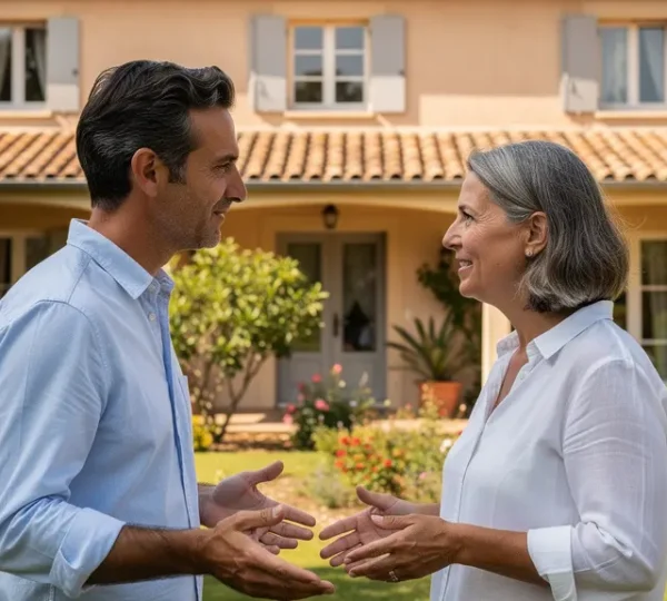 Agent immobilier et propriétaire discutant devant une maison provençale à Montpellier