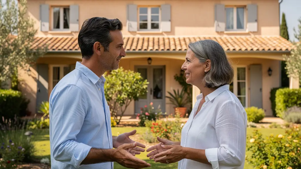 Agent immobilier et propriétaire discutant devant une maison provençale à Montpellier