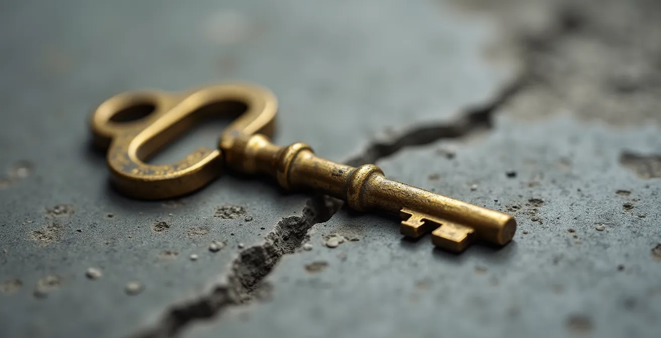 Gros plan macro sur une clé ancienne en laiton posée sur une surface en béton brut, symbolisant la valeur intrinsèque d'un bien immobilier
