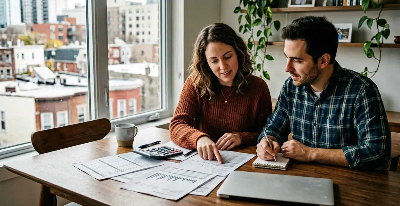 Couple analysant des documents financiers dans un bureau lumineux avec vue sur la ville