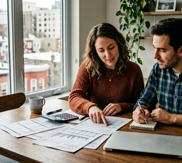 Couple analysant des documents financiers dans un bureau lumineux avec vue sur la ville