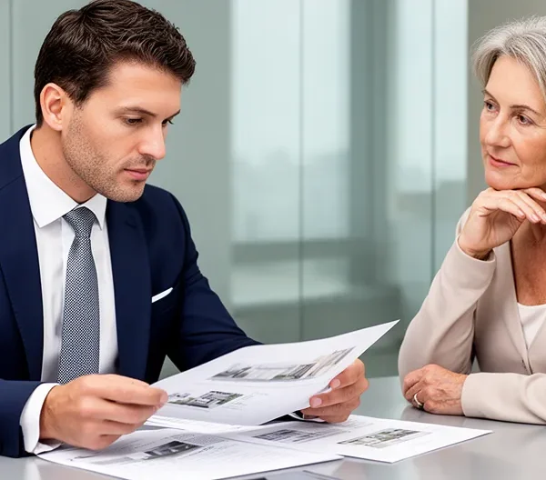 Réunion professionnelle entre administrateur de biens et propriétaire examinant des documents immobiliers