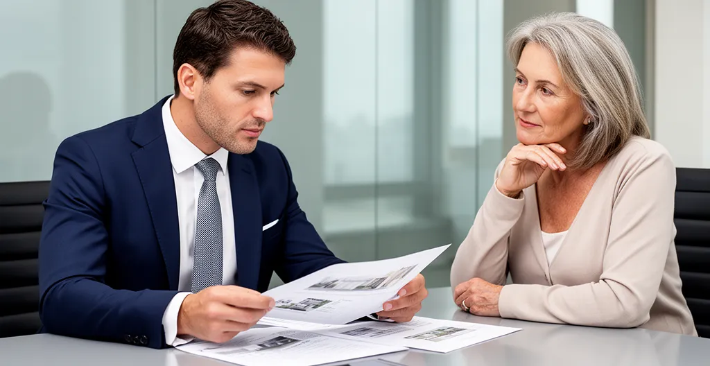 Réunion professionnelle entre administrateur de biens et propriétaire examinant des documents immobiliers