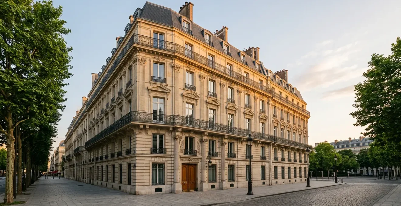 Vue d'un immeuble haussmannien de standing avec façade en pierre de taille et balcons en fer forgé sous lumière dorée