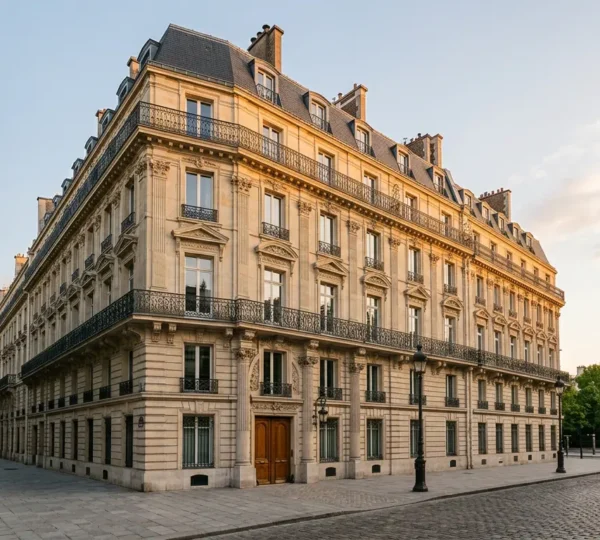 Vue d'un immeuble haussmannien de standing avec façade en pierre de taille et balcons en fer forgé sous lumière dorée