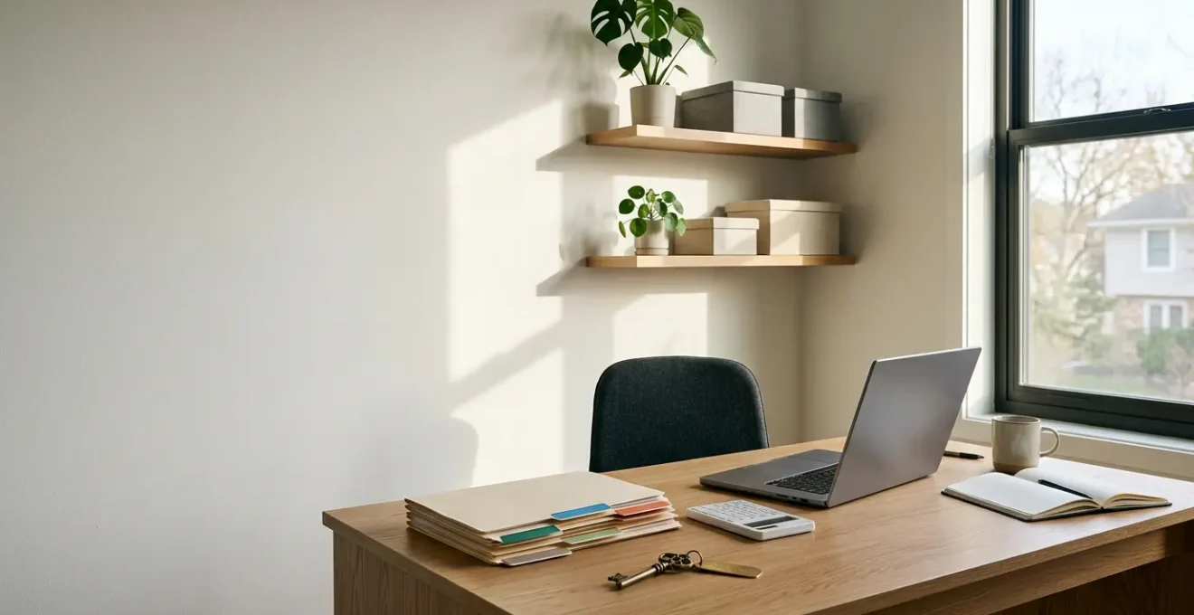 Vue d'ensemble d'un bureau organisé avec documents de gestion locative et ordinateur portable