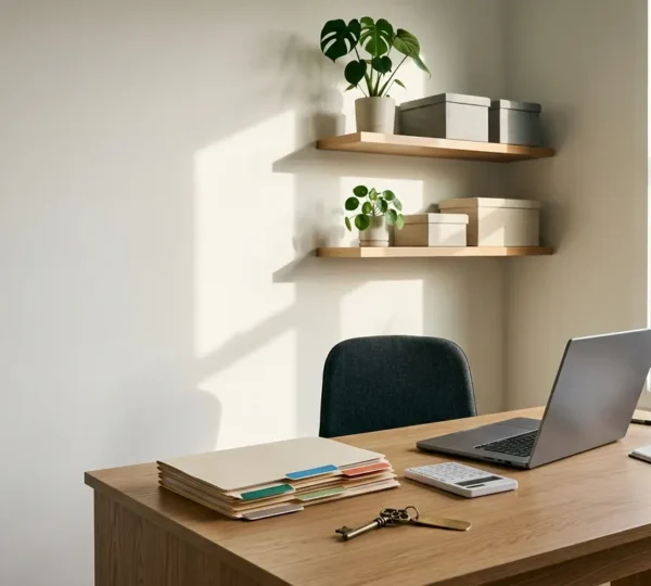 Vue d'ensemble d'un bureau organisé avec documents de gestion locative et ordinateur portable