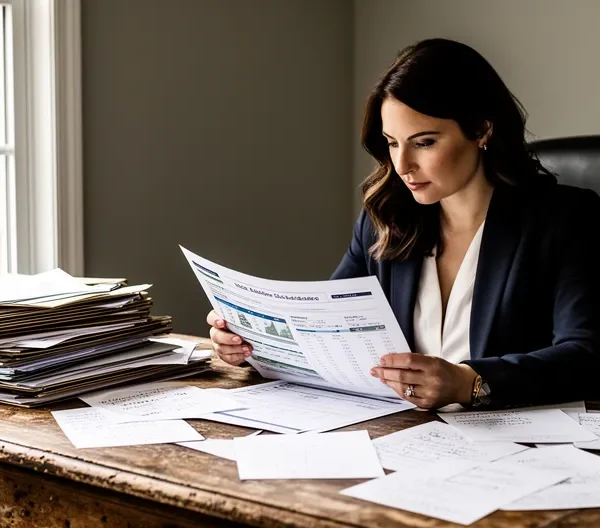 Agent immobilier local dans son cabinet de quartier consultant des dossiers clients avec vue sur la rue commerçante
