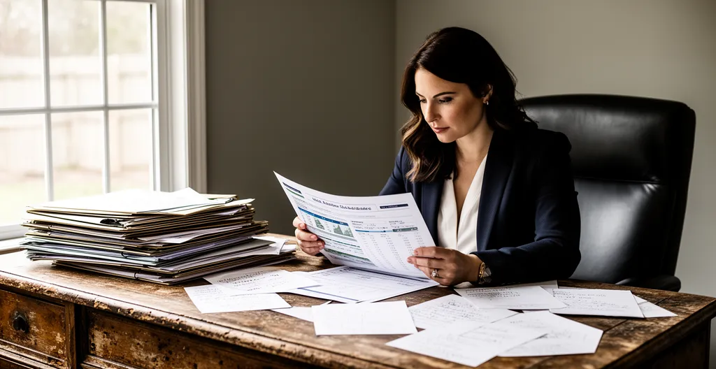 Agent immobilier local dans son cabinet de quartier consultant des dossiers clients avec vue sur la rue commerçante