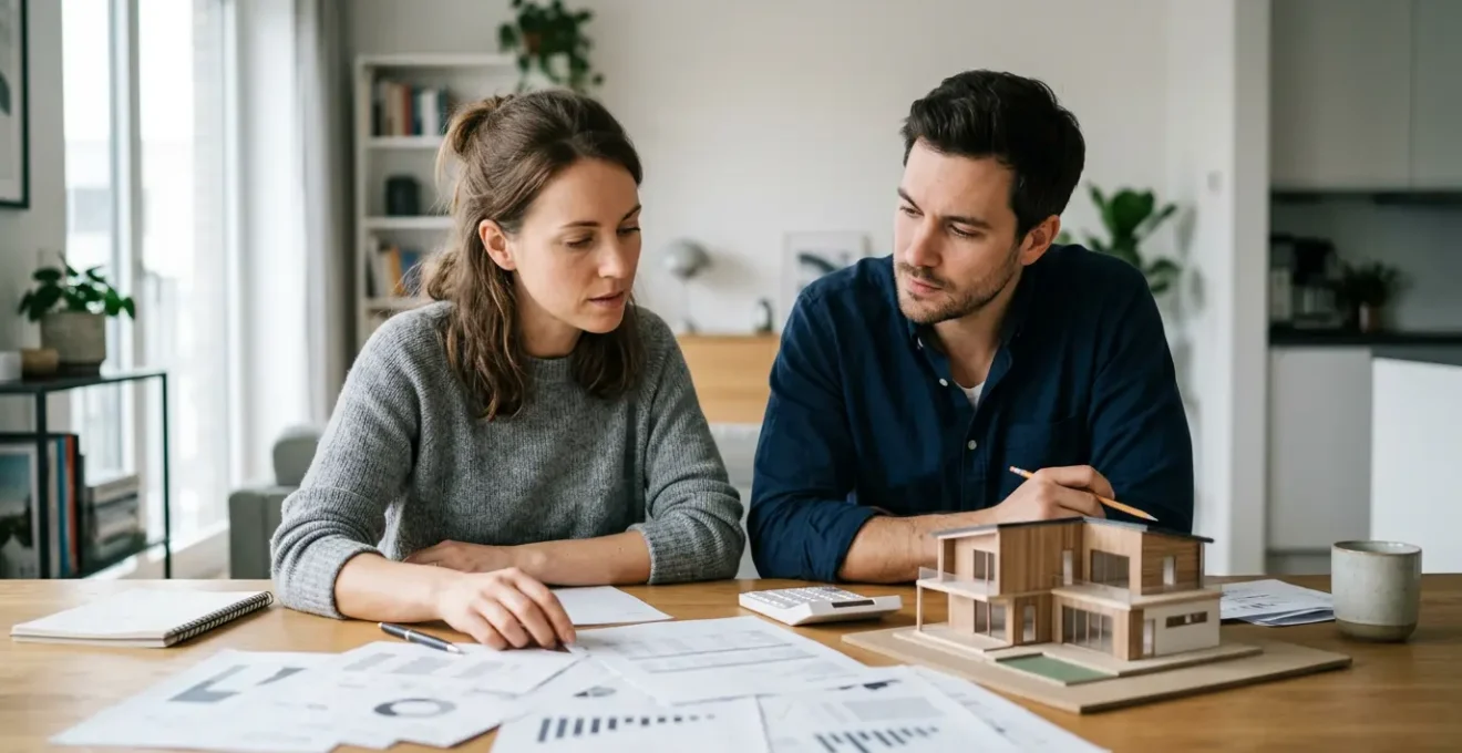 Couple analysant des documents financiers immobiliers avec calculatrice et maquette de maison