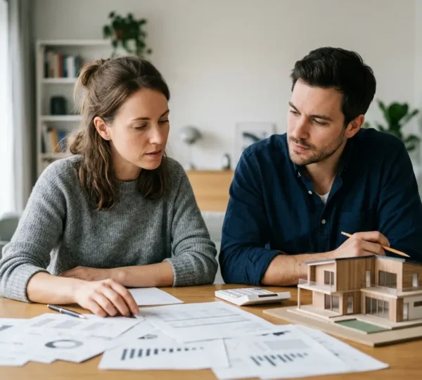Couple analysant des documents financiers immobiliers avec calculatrice et maquette de maison