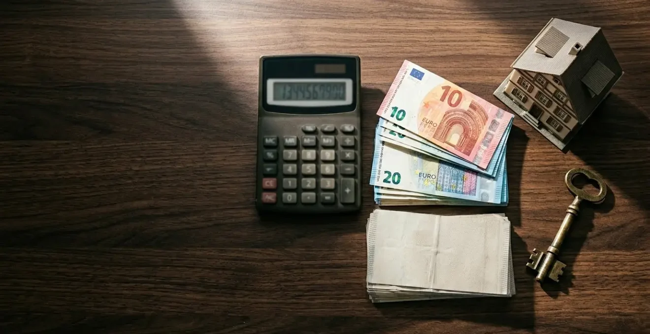 Vue plongeante d'un bureau avec calculatrice, documents financiers et billets euros