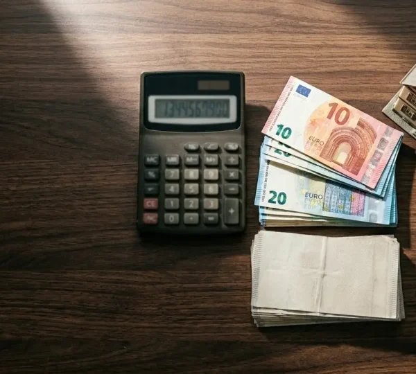 Vue plongeante d'un bureau avec calculatrice, documents financiers et billets euros