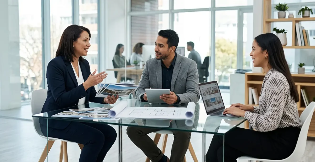 Professionnels de l'immobilier en discussion autour d'une table avec plans et tablettes