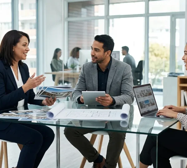 Professionnels de l'immobilier en discussion autour d'une table avec plans et tablettes