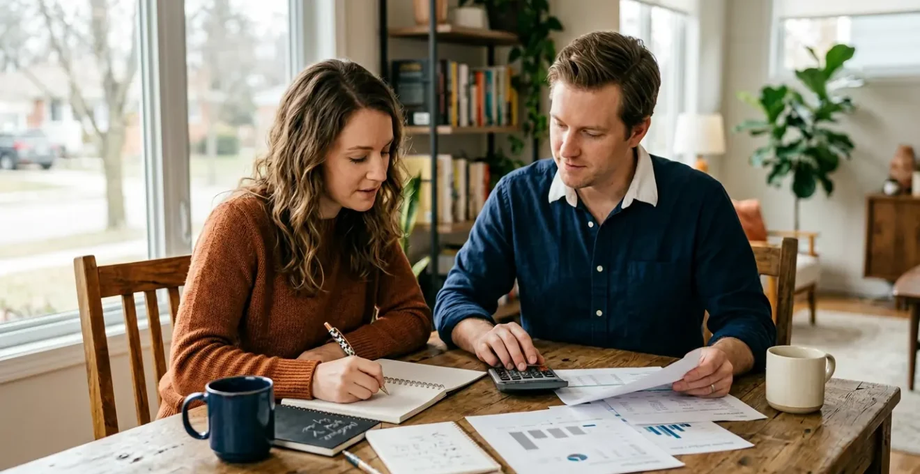 Couple consultant des documents financiers pour comparer les durées d'emprunt immobilier