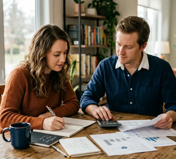 Couple consultant des documents financiers pour comparer les durées d'emprunt immobilier