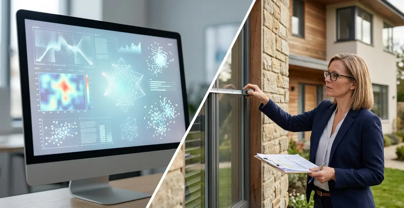 Vue comparative entre un écran d'ordinateur affichant des graphiques et un expert immobilier évaluant une maison sur place