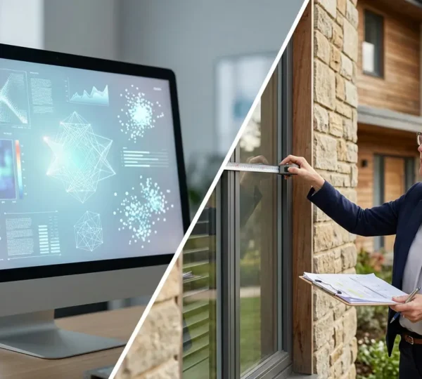 Vue comparative entre un écran d'ordinateur affichant des graphiques et un expert immobilier évaluant une maison sur place