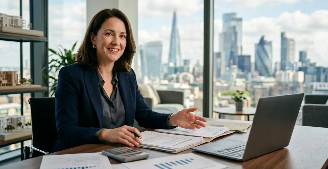 Un courtier immobilier analysant des documents financiers dans un bureau moderne avec une vue sur la ville