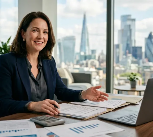 Un courtier immobilier analysant des documents financiers dans un bureau moderne avec une vue sur la ville