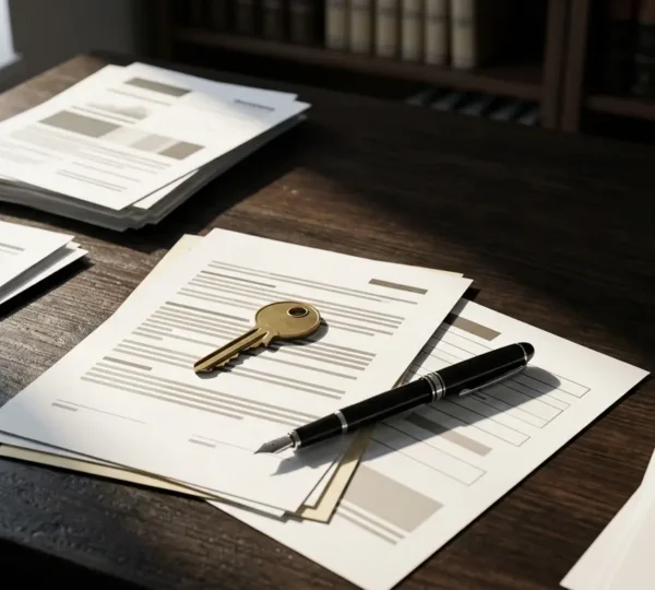 Documents juridiques et diagnostics immobiliers étalés sur une table en bois avec clés de maison et stylo plume