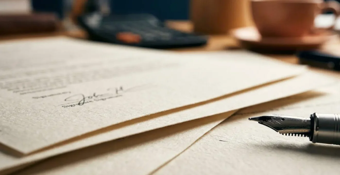 Gros plan sur des documents de compromis de vente avec stylo et calculatrice