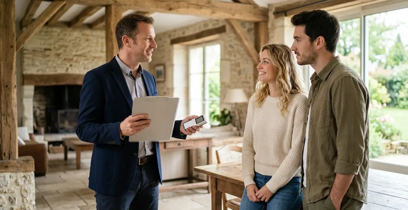 Expert immobilier examinant des documents techniques lors d'une visite de bien avec un couple d'acheteurs dans une maison lumineuse