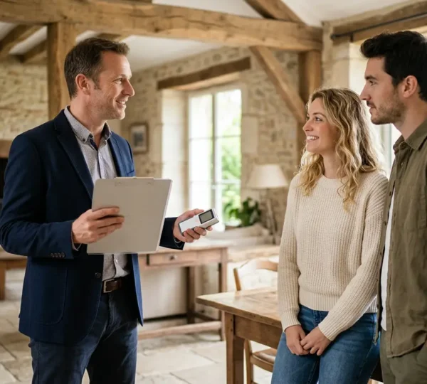 Expert immobilier examinant des documents techniques lors d'une visite de bien avec un couple d'acheteurs dans une maison lumineuse