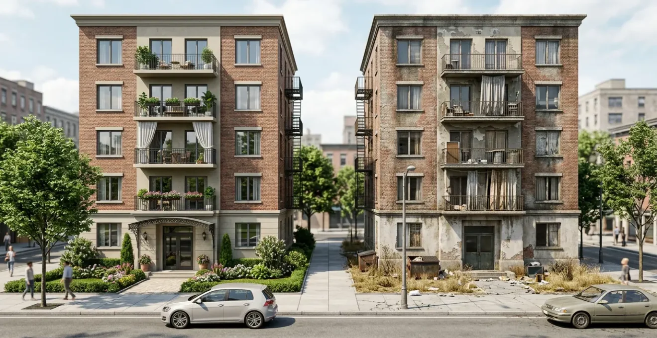 Contraste visuel entre prix affiché et réalité du marché immobilier dans différents quartiers urbains