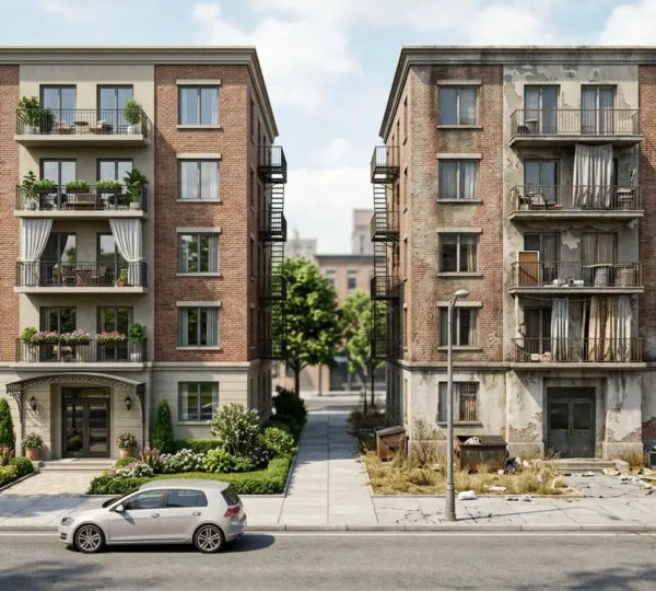 Contraste visuel entre prix affiché et réalité du marché immobilier dans différents quartiers urbains