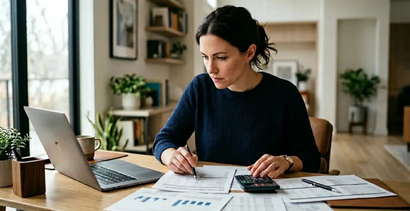 Emprunteur analysant attentivement ses documents bancaires et simulations de prêt immobilier