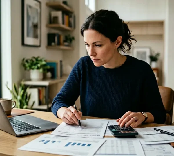 Emprunteur analysant attentivement ses documents bancaires et simulations de prêt immobilier