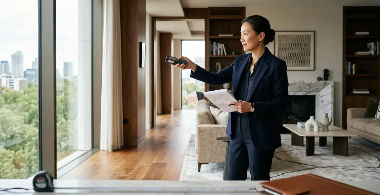 Expert immobilier évaluant un bien sur place avec outils professionnels