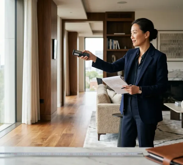 Expert immobilier évaluant un bien sur place avec outils professionnels