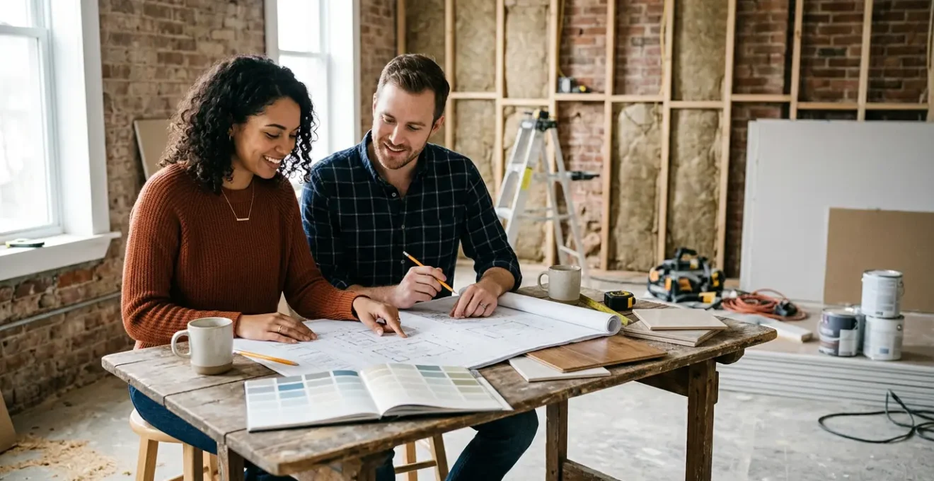 Intérieur moderne en rénovation avec couple examinant des plans