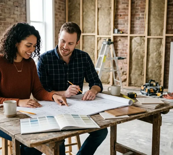 Intérieur moderne en rénovation avec couple examinant des plans