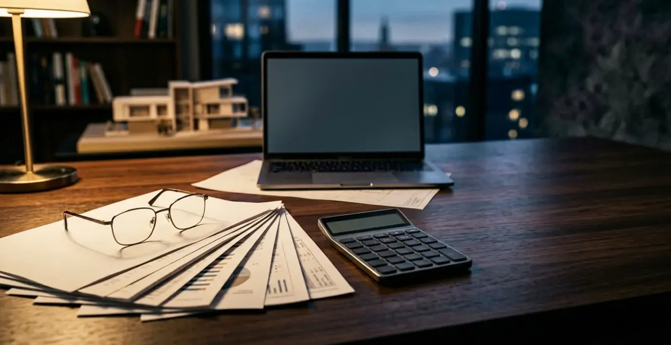 Investisseur immobilier analysant des documents fiscaux avec calculatrice et graphiques financiers