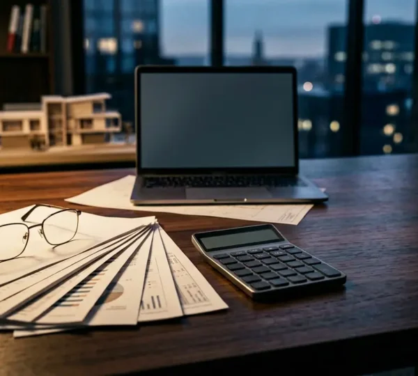 Investisseur immobilier analysant des documents fiscaux avec calculatrice et graphiques financiers