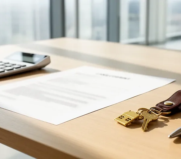 Bureau moderne avec contrat de location, calculatrice et clés de maison disposés harmonieusement sur une table en bois