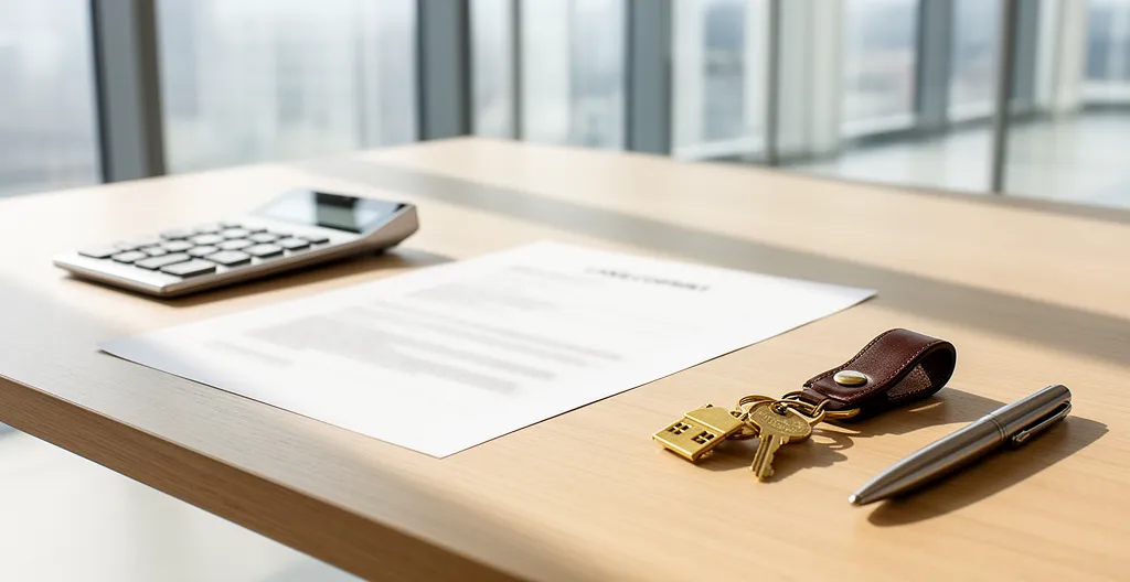 Bureau moderne avec contrat de location, calculatrice et clés de maison disposés harmonieusement sur une table en bois