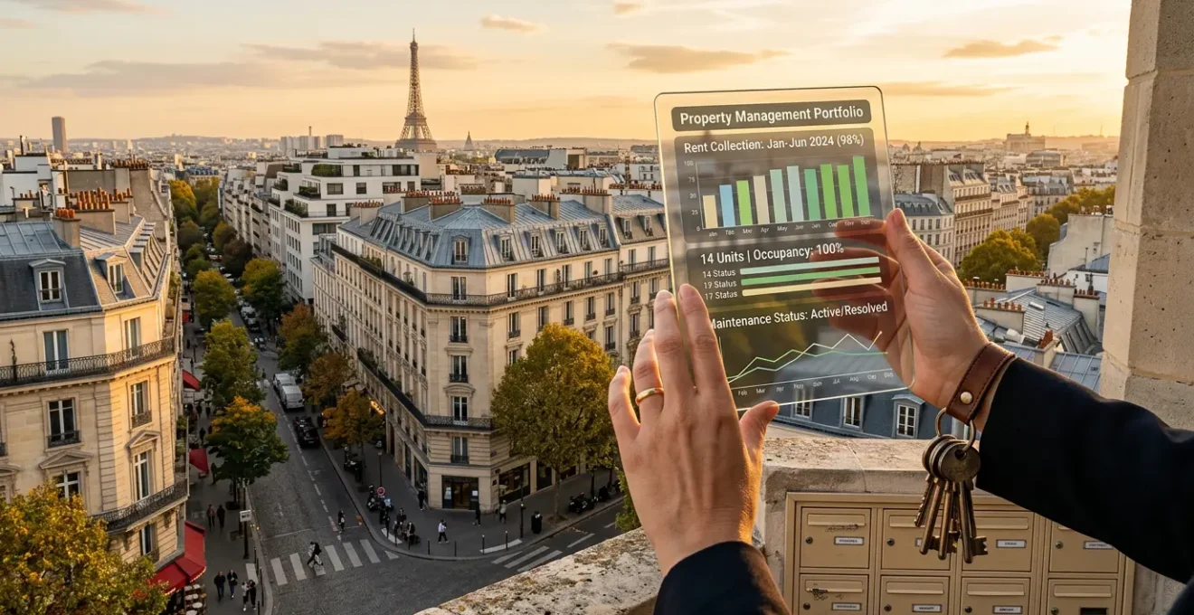 Vue aérienne d'un quartier résidentiel français avec immeubles haussmanniens et jardins verdoyants illustrant la gestion immobilière professionnelle