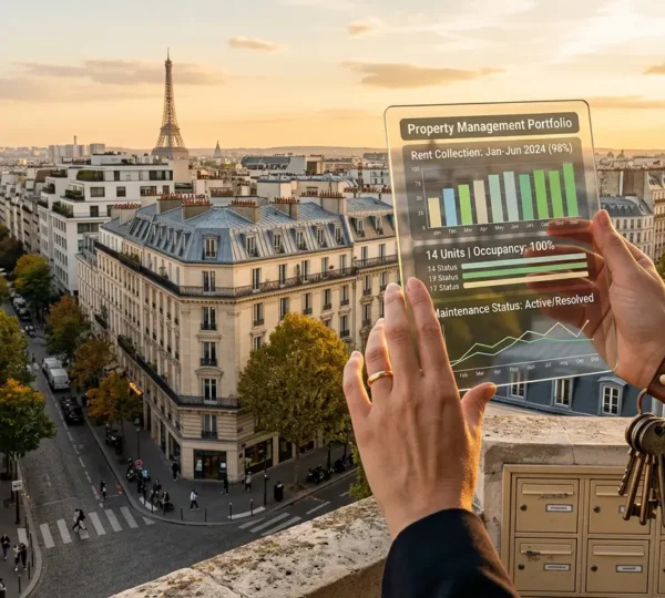 Vue aérienne d'un quartier résidentiel français avec immeubles haussmanniens et jardins verdoyants illustrant la gestion immobilière professionnelle