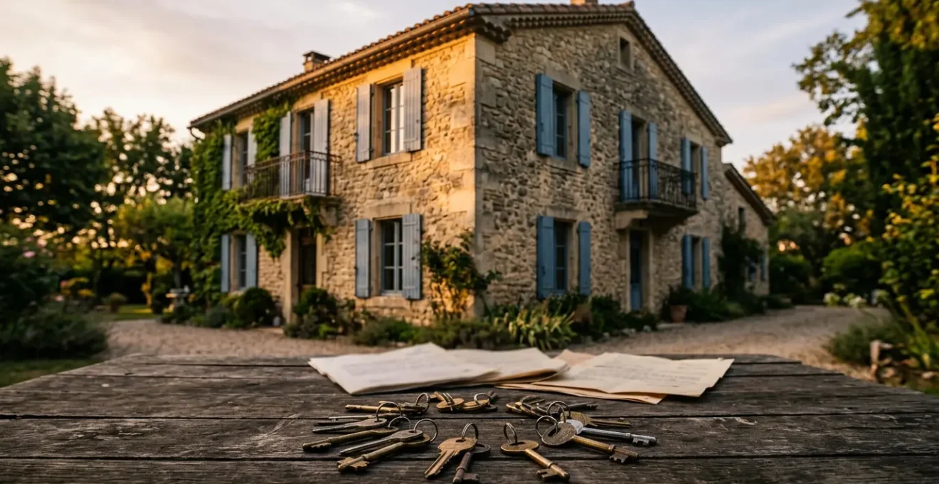 Maison familiale avec plusieurs héritiers représentés symboliquement autour d'une table de médiation