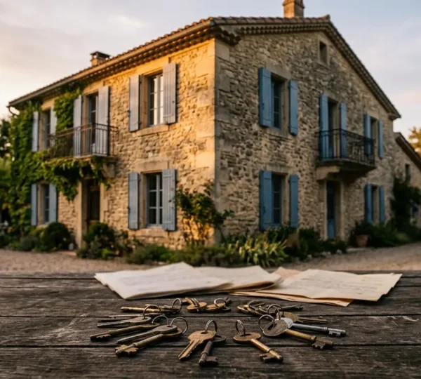 Maison familiale avec plusieurs héritiers représentés symboliquement autour d'une table de médiation