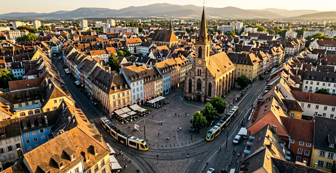 Vue aérienne du centre historique de Mulhouse avec ses immeubles colorés et architecture alsacienne typique