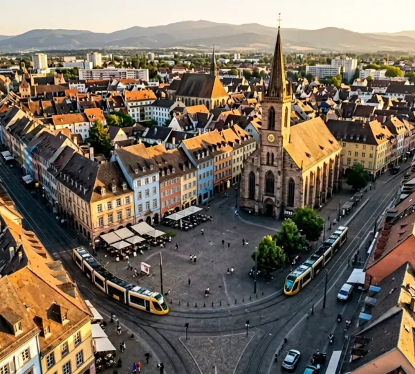Vue aérienne du centre historique de Mulhouse avec ses immeubles colorés et architecture alsacienne typique