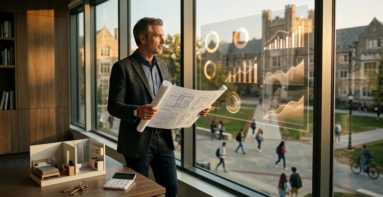 Un investisseur analyse des graphiques de rentabilité immobilière avec des clés et une maquette de studio étudiant