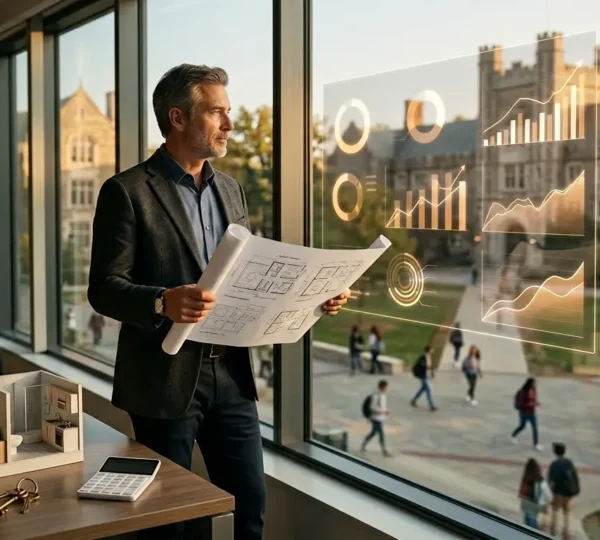 Un investisseur analyse des graphiques de rentabilité immobilière avec des clés et une maquette de studio étudiant
