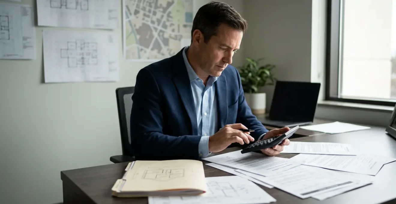 Propriétaire analysant des documents de bail avec calculatrice et dossier de caractéristiques exceptionnelles dans un bureau moderne